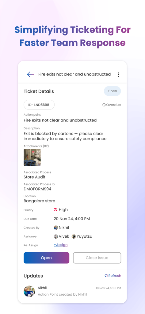 Taqtics mobile app interface for managing retail tickets and store audit compliance issues
