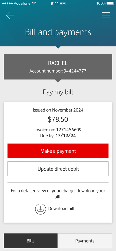 My Vodafone Australia - Schermata dell'app My Vodafone Australia che mostra l'importo della bolletta corrente e le opzioni di pagamento