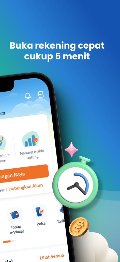 Raya Digital Bankアプリが表示されたスマートフォン画面。5分での迅速な口座開設に関するメッセージが表示されています。
