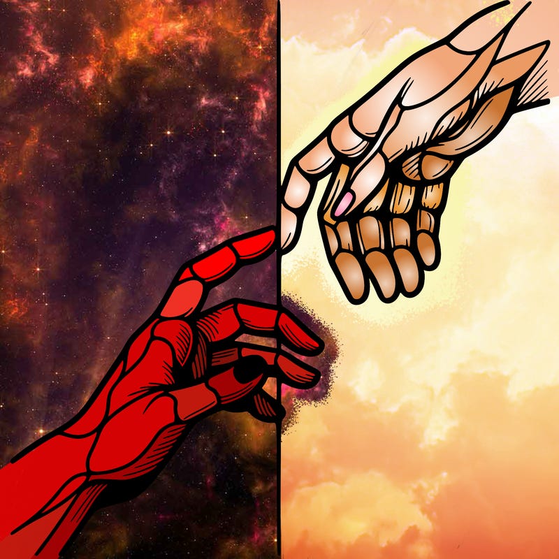 split drawing hand touching hand