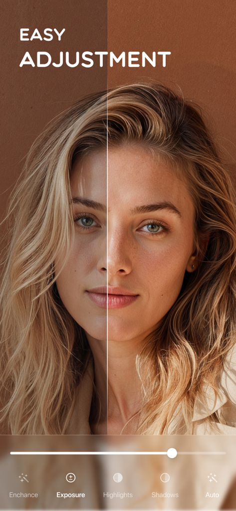 Faceon: Photo Editor & Effects - A portrait photo showing a before and after comparison of the easy exposure adjustment feature in the Faceon app