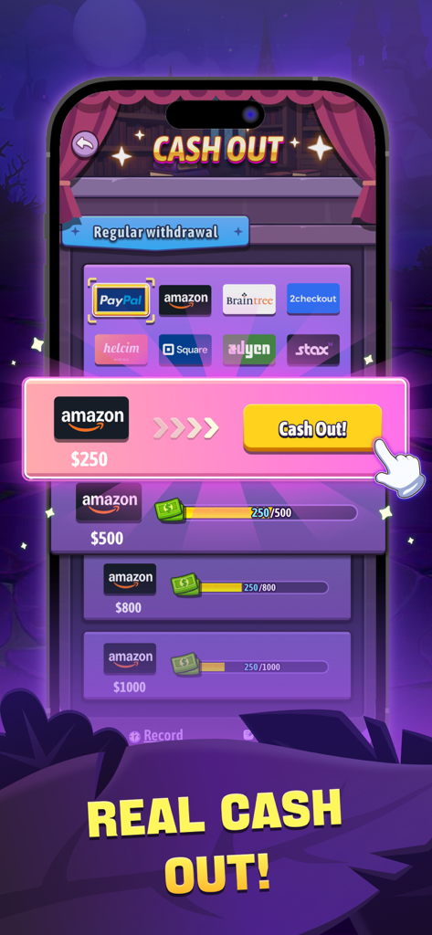 A mobile screen from the game Magical Gems showing cash out options for Amazon and PayPal rewards with a focus on a two hundred and fifty dollar gift card