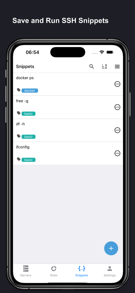 SSH Client Pro - Stats & Shell - Interface of SSH Client Pro showing a list of saved terminal command snippets for DevOps and SysAdmins