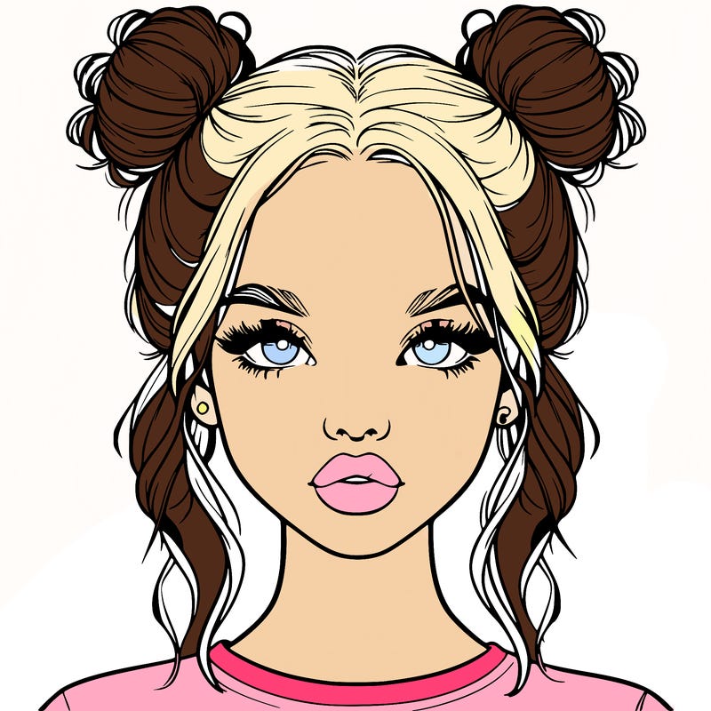 realistic girl with two buns in hair and lips