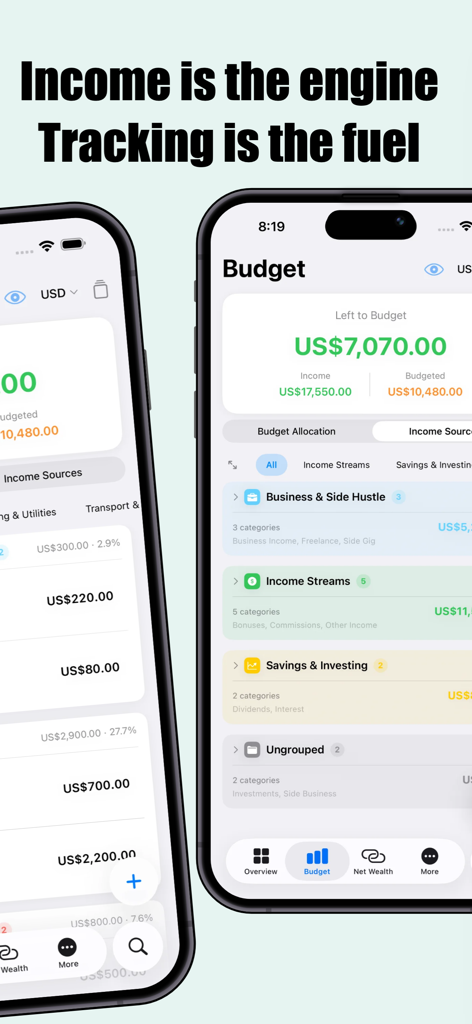 Wealth - All in One Tracker - Uno screenshot della dashboard di monitoraggio del budget dell'app Wealth che mostra flussi di reddito e allocazione del budget