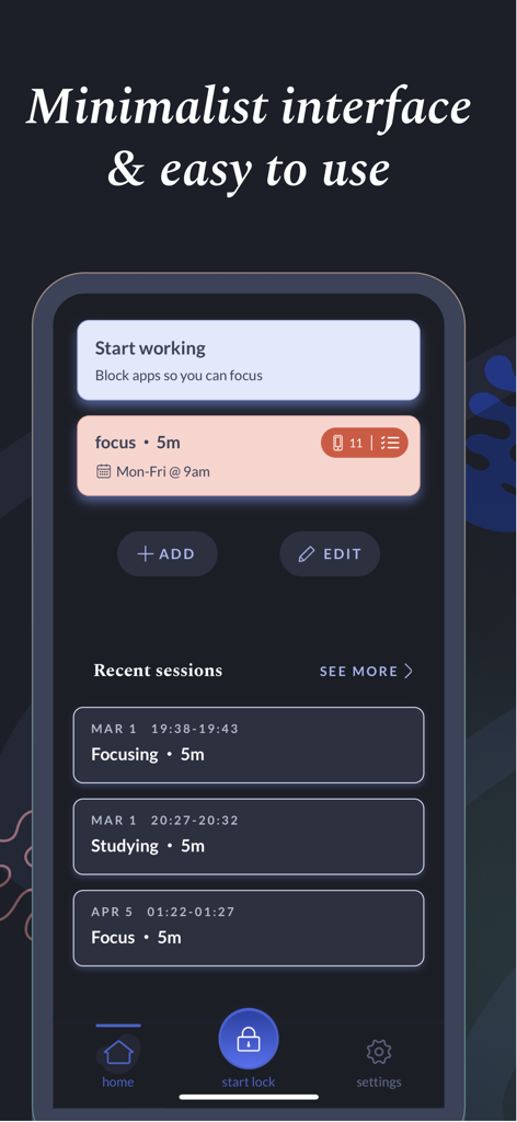 Pantalla de inicio de la aplicación Focus Lock que muestra una interfaz minimalista con sesiones de concentración programadas y el historial de actividad reciente.