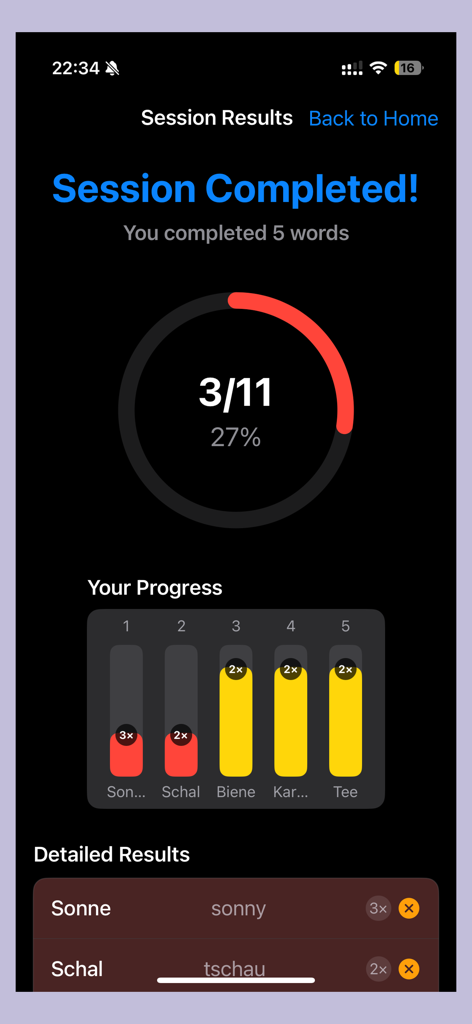 Accent Training - Vocabulary - Accent training app session results screen showing a progress ring and word accuracy bars for pronunciation practice.
