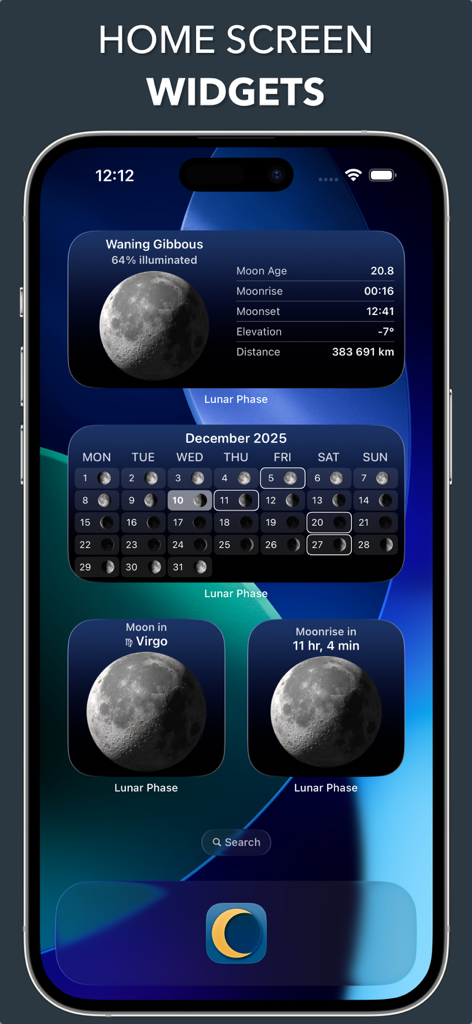 Selección de widgets estéticos de calendario y fases lunares mostrados en la pantalla de inicio de un iPhone.