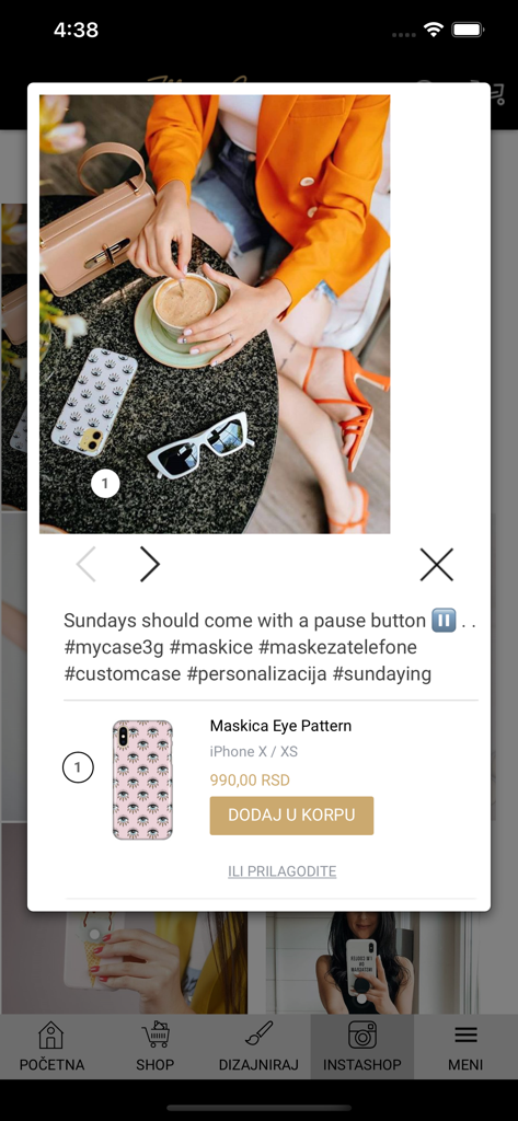 Mobile app screen showing a patterned iPhone case with an add to cart button and a lifestyle lifestyle photo.