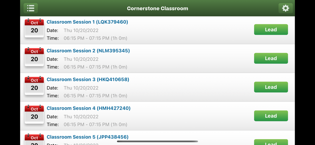 Interface of Cornerstone Classroom showing a list of scheduled virtual training sessions with lead buttons
