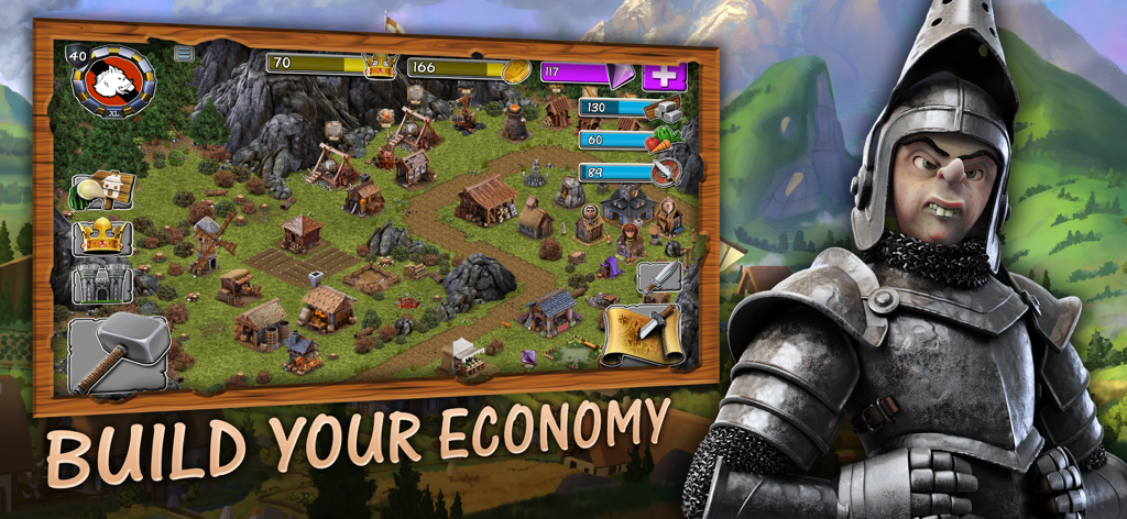 Stronghold Castles - Stronghold Castles gameplay showing a medieval village and the character The Pig with the text Build Your Economy