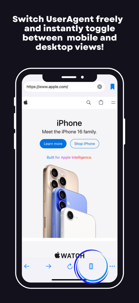 UserAgent Switcher - UserAgent Switcher app interface showing a toggle between mobile and desktop web views on an iPhone