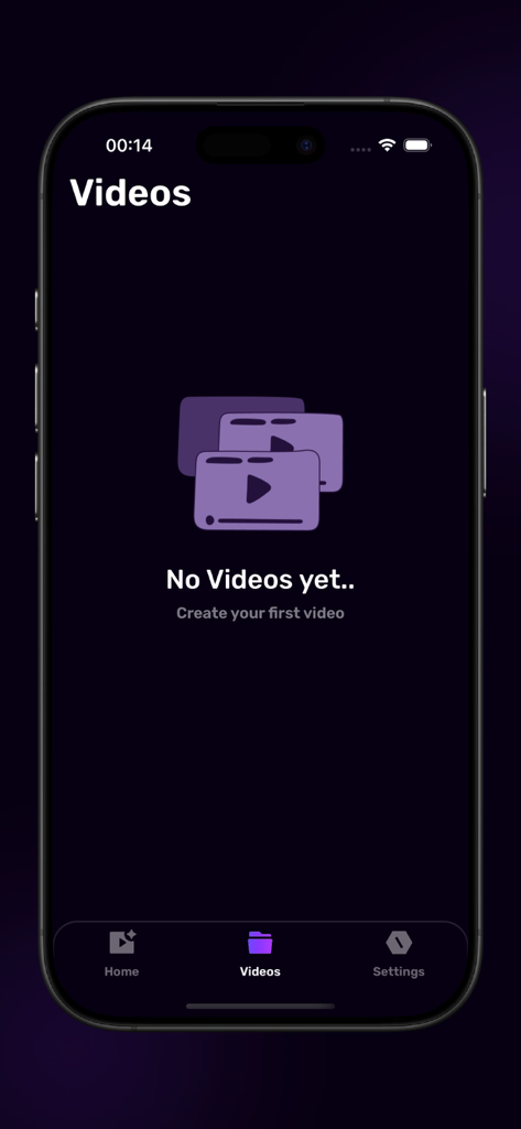 AI Effects Video Maker - Empty video gallery screen in the AI Effects Video Maker app with a prompt to create the first video
