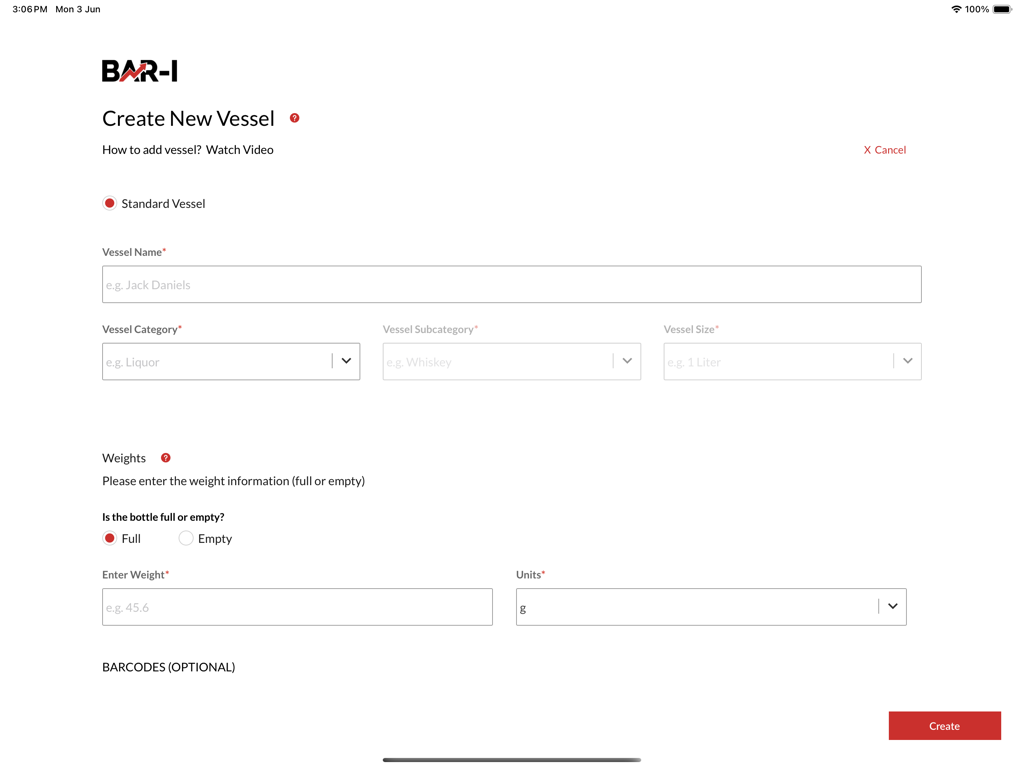 Ein Bildschirm in der Bar-i App zum Hinzufügen einer neuen Flasche oder eines Behälters, einschließlich Feldern für Name, Kategorie, Gewicht und Barcodes