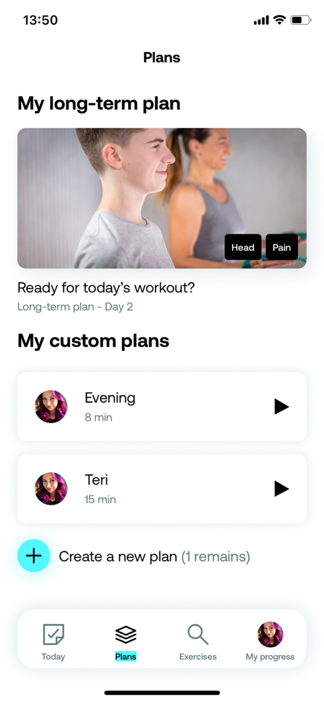 Spiralista - Back & Spine Care - Spiralista app screen showing long term and custom workout plans for back pain relief