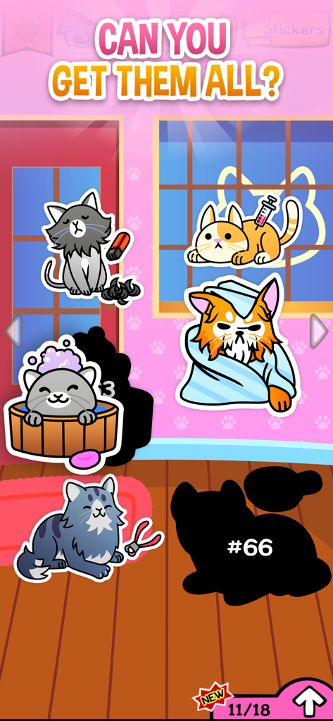My Cat Album: Pet Sticker Game - Uma página de álbum de figurinhas digital do Meu Álbum de Gatos mostrando várias figurinhas de gatos, como um gatinho no banho e outro no veterinário.