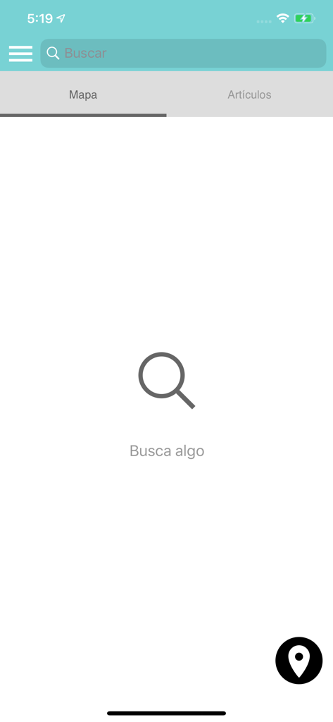 Huesca La Magia - Schermata di ricerca dell'app mobile Huesca La Magia con barra di ricerca e schede di navigazione per mappe e articoli