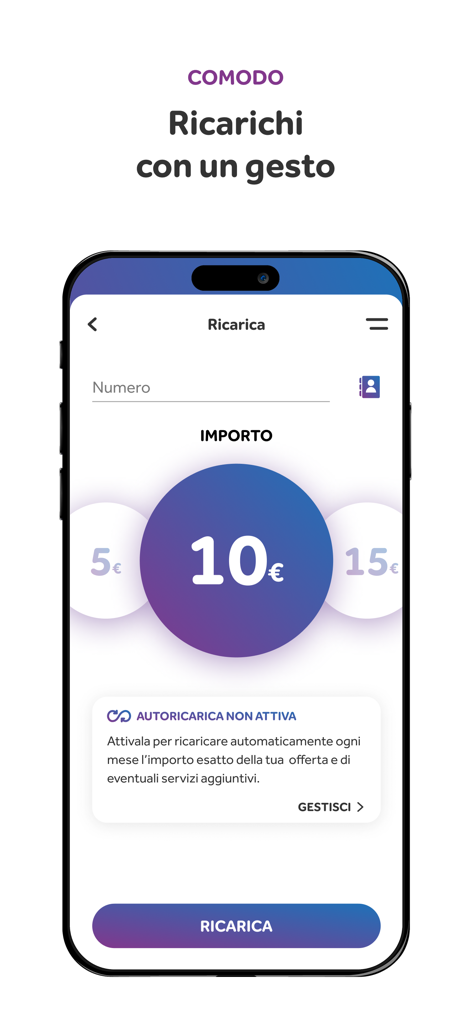Interfaz de la aplicación móvil de ho. mostrando la pantalla de recarga de crédito telefónico con diferentes cantidades en euros.