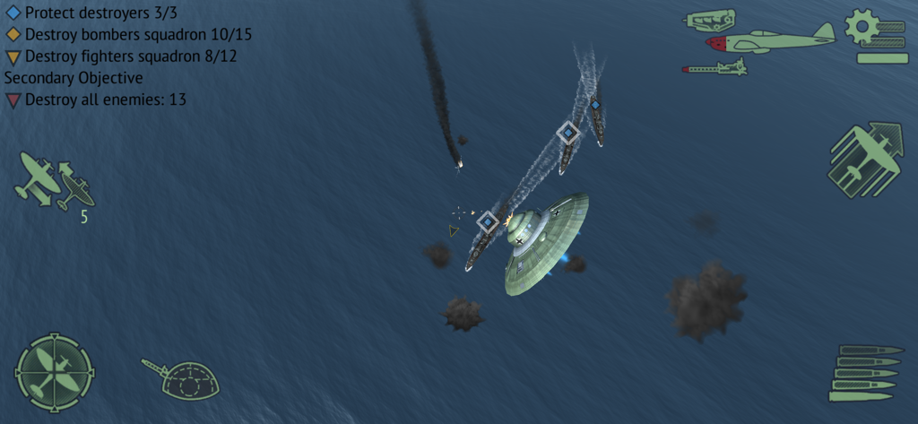 Aerial naval combat mission showing planes and ships at sea in Warplanes WW2 Dogfight.