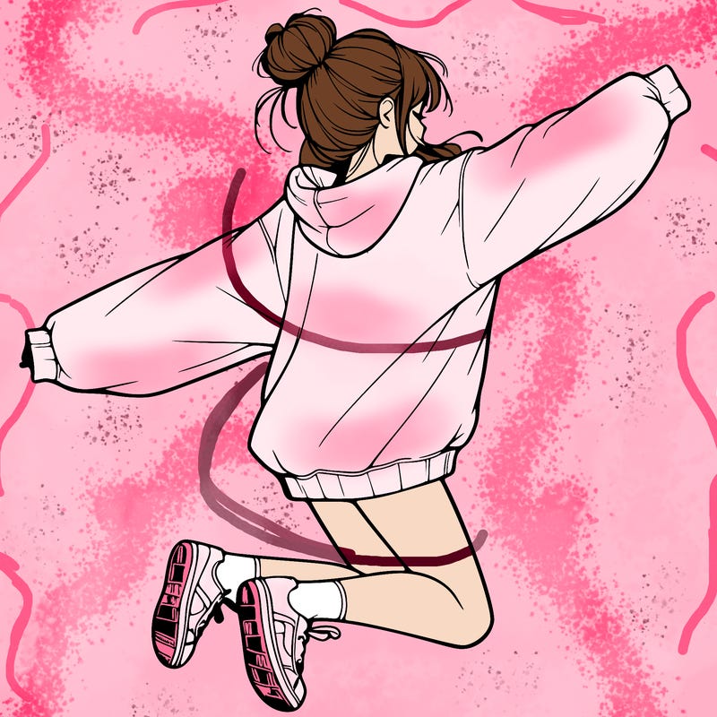 realistic girl jumping with a bun and oversized sweatshirt