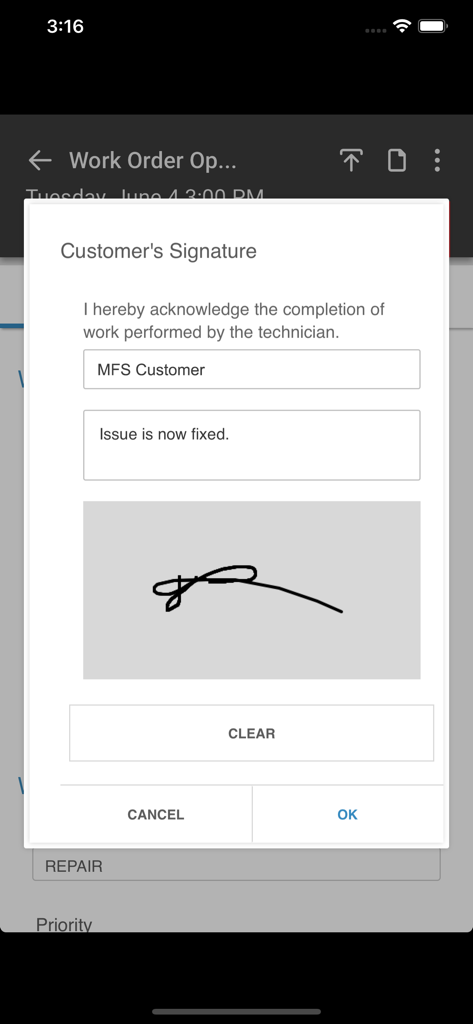 Digital signature capture screen for customer work acknowledgment in Infor MFS Cloud app