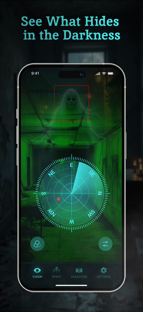 Ghost Detector Spirit Hunting App-Oberfläche, die eine Geisterfigur im Sichtmodus mit einem grünen Filter und einer Radaranzeige zeigt.