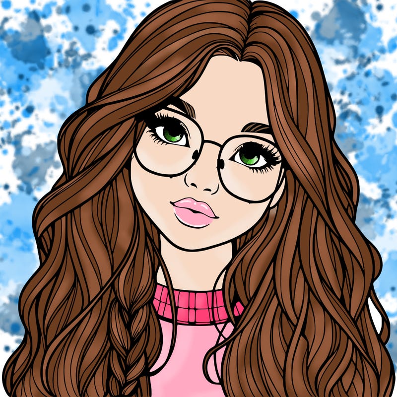 girl with long hair and freckles and glasses realistic