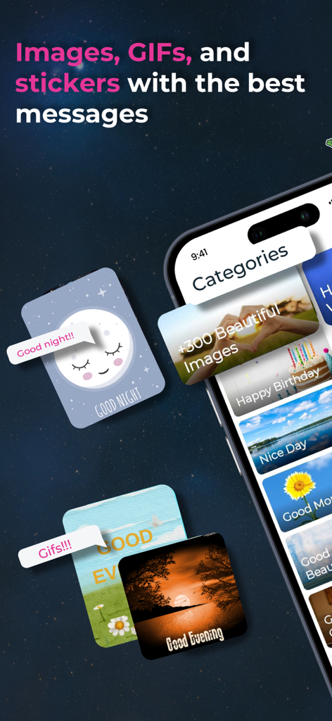 Good Morning Afternoon & Night - A selection of greeting card categories including Good Morning, Happy Birthday, and Good Night messages.