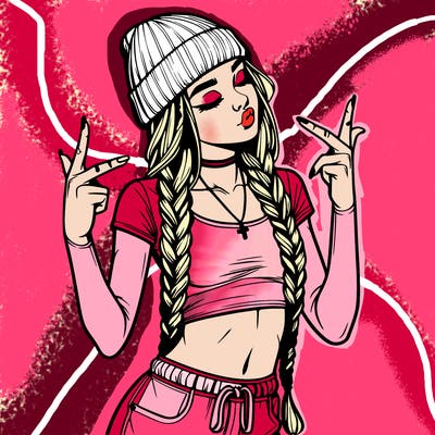 realistic teenage girl with braids and a beanie and crop top doing 🫶🏼