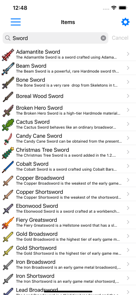 Résultats de recherche pour les objets d'épée avec descriptions dans l'application compagnon Helper pour Terraria