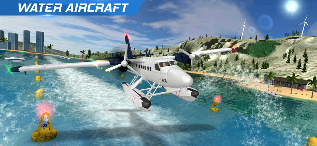 AFPS Airplane Flight Pilot Sim - A white seaplane taking off from the water in a realistic flight simulation game.