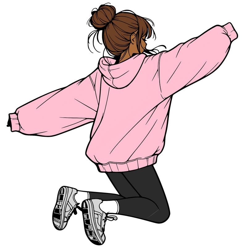 realistic girl jumping with a bun and oversized sweatshirt