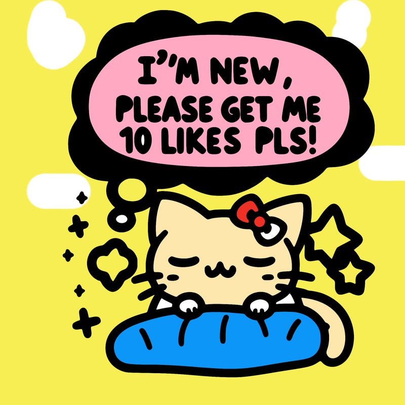 kitty taking a nap dream talking and saying "i'm new, please get me at least 10 likes pls!!"
