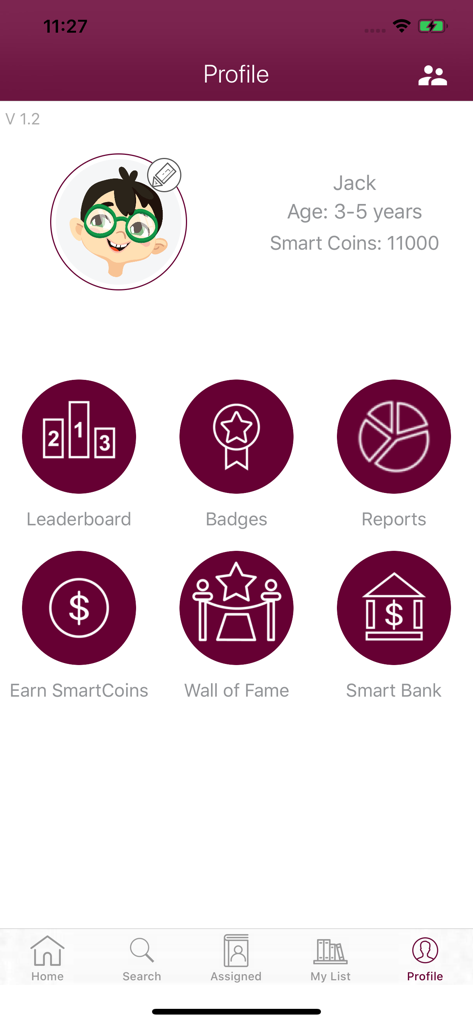 Student profile screen showing earned smart coins and educational reward icons