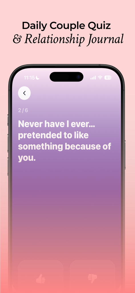 Pookie - Relationship Tracker - A screenshot of the Pookie app featuring a Daily Couple Quiz with a Never Have I Ever question on a purple gradient interface.