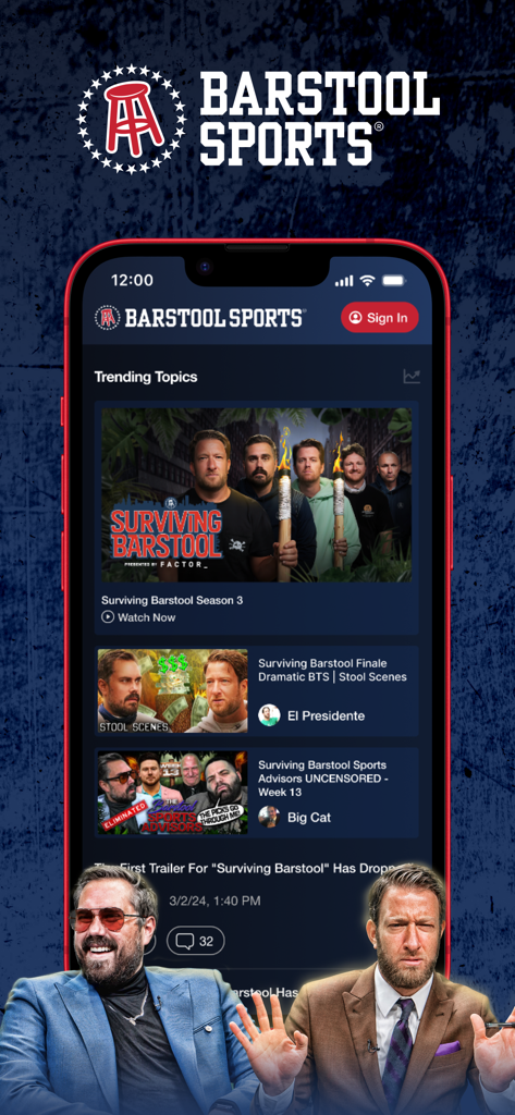 Barstool Sports mobile app home screen showing trending video topics and content creators.
