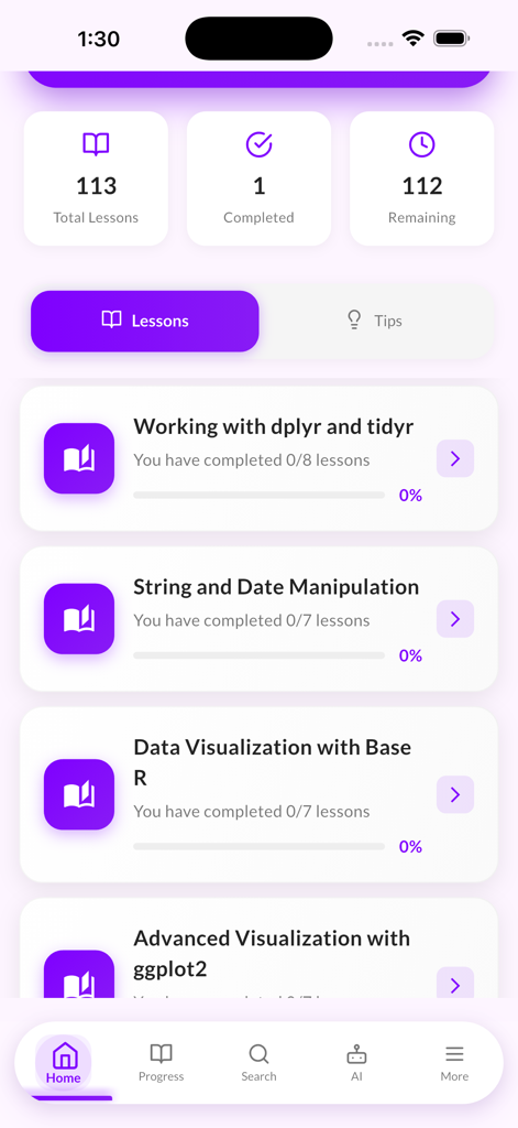 Learn R Programming: AI Tutor - Dashboard of the Learn R Programming app showing lesson modules for data visualization and syntax with progress tracking