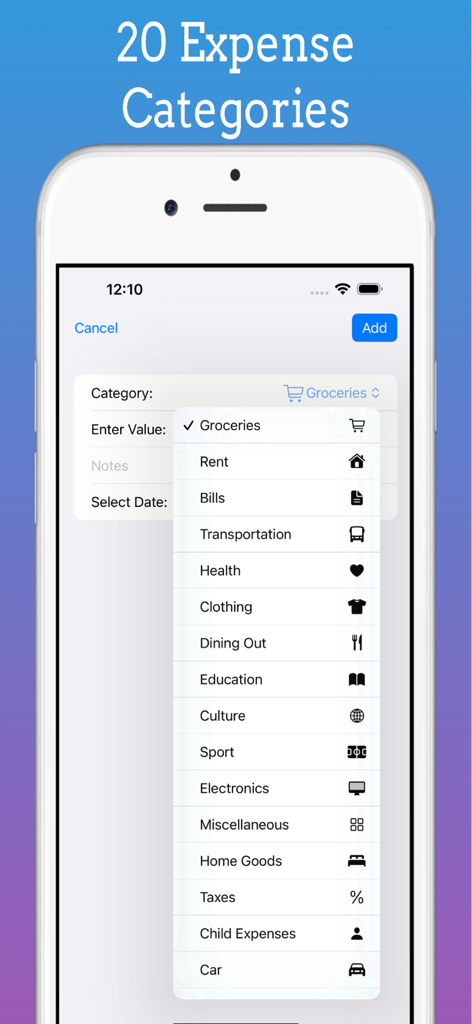 Budget App , Expense Tracker - Interfaz de aplicación móvil que muestra una lista de 20 categorías de gastos para el seguimiento del presupuesto