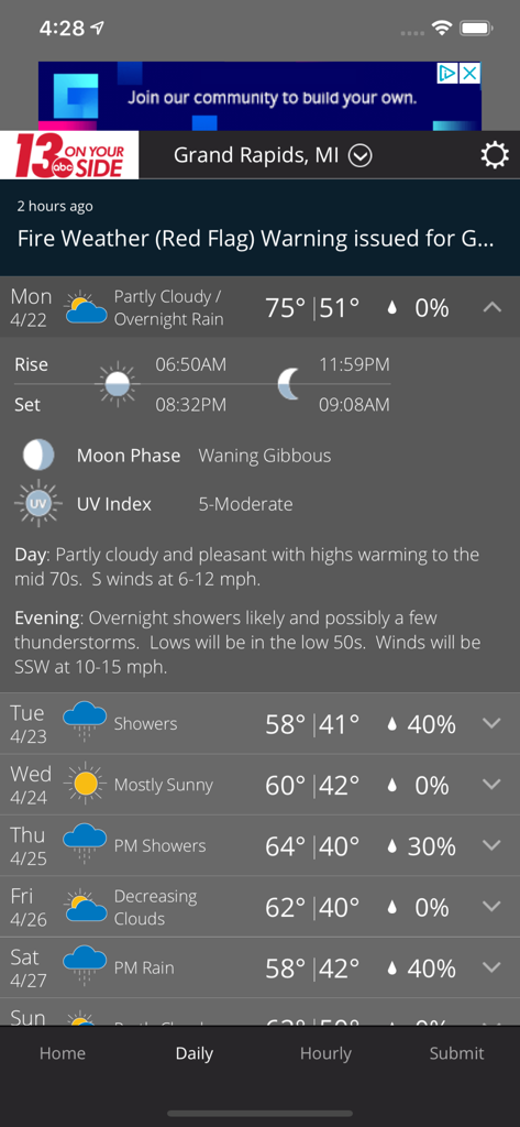 WZZM 13 Weather - WZZM 13 Weather app daily forecast screen for Grand Rapids Michigan featuring a fire weather warning and weekly outlook.