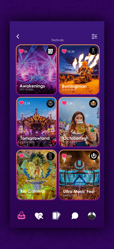 Mobile app screen showing a grid of popular global festivals like Burning Man and Tomorrowland with like counts and dates