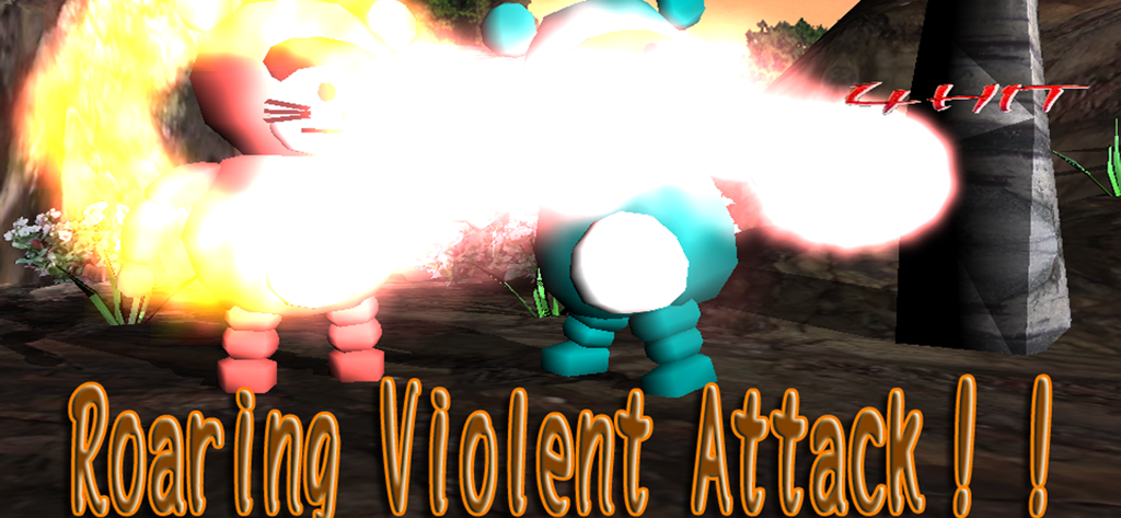 Deux personnages stylisés dans Tanuu Duel effectuant une puissante attaque violente rugissante avec des effets d'énergie brillants.