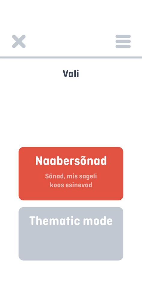 Screen from the Sonamang app showing selection buttons for neighboring words and thematic game modes