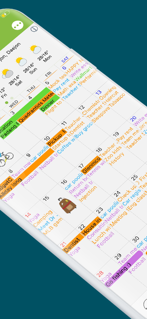 Une vue mensuelle colorée de l'application Awesome Calendar Lite présentant des événements codés par couleur, des autocollants emoji et des prévisions météorologiques intégrées.