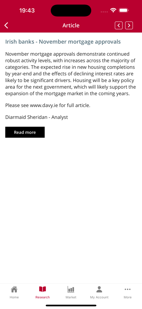 Davy - Pantalla de investigación de la aplicación Davy que muestra un artículo financiero sobre la aprobación de hipotecas por parte de bancos irlandeses.