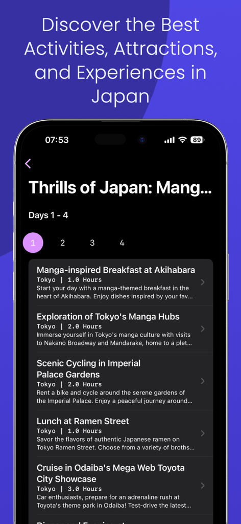 Mobile app screenshot of a Japan travel itinerary featuring Tokyo activities like manga hubs and Ramen Street.