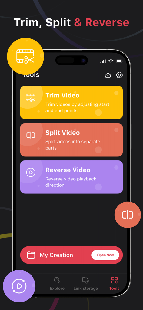 Vid-Mate app screen showing options to trim split and reverse videos