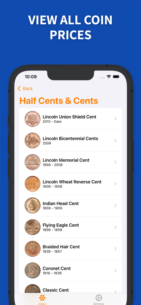 Price Guide - U.S. Coin Values - Mobile app screen showing a price guide list for US cents including Lincoln, Indian Head, and Flying Eagle coins.