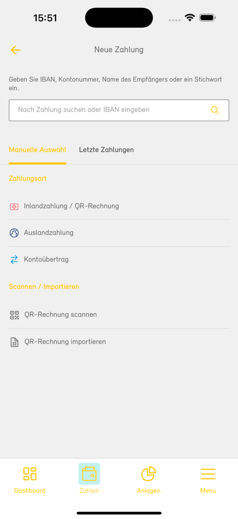 Bank SLM - Interfaz de la app móvil Bank SLM que muestra la pantalla de nuevo pago con opciones para pagos nacionales, escaneo de facturas QR y transferencias de cuenta.
