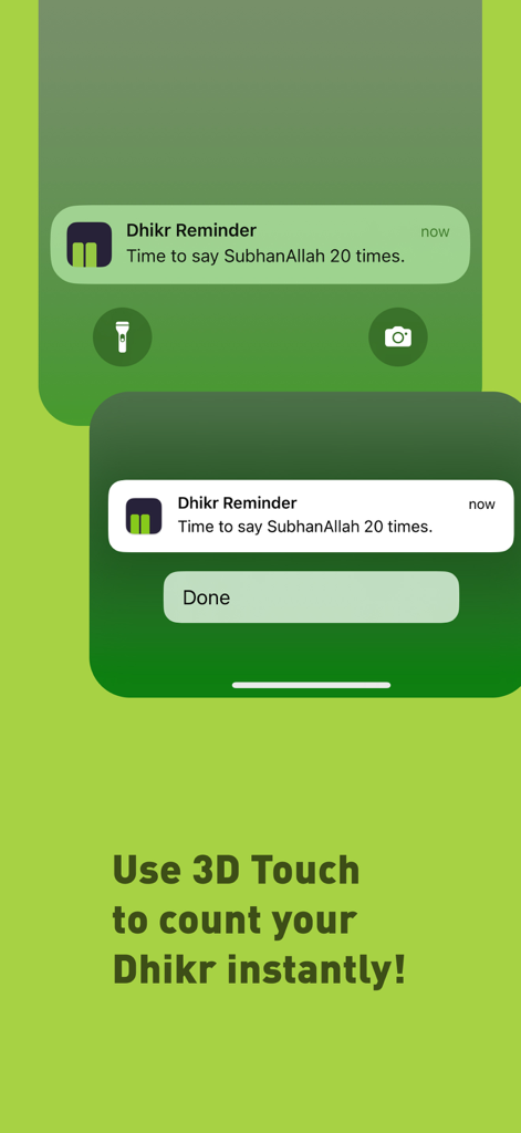 Notificación de la aplicación Kalimatan que muestra un recordatorio de Dhikr y la función de conteo rápido 3D Touch