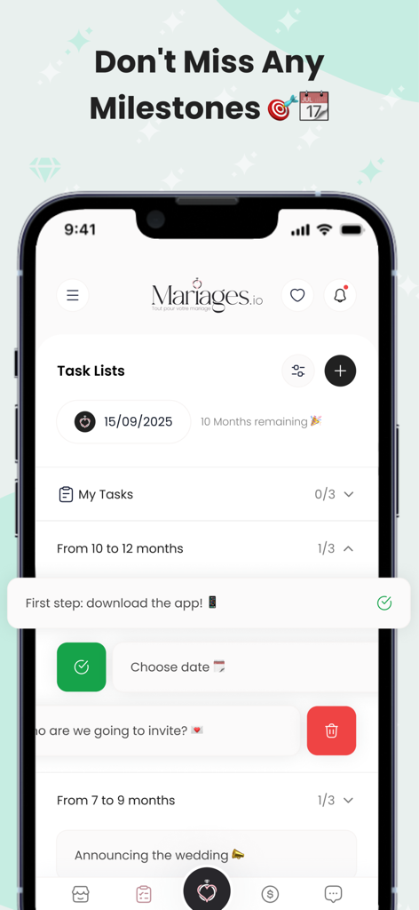 Écran de l'application Mariages.io montrant les listes de tâches et les jalons de planification de mariage
